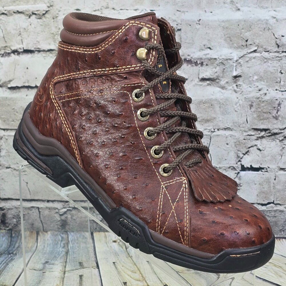 Roper Ostrich Print Kiltie Boots Men's‎ Size 9 Brown Leather Western Work Shoe